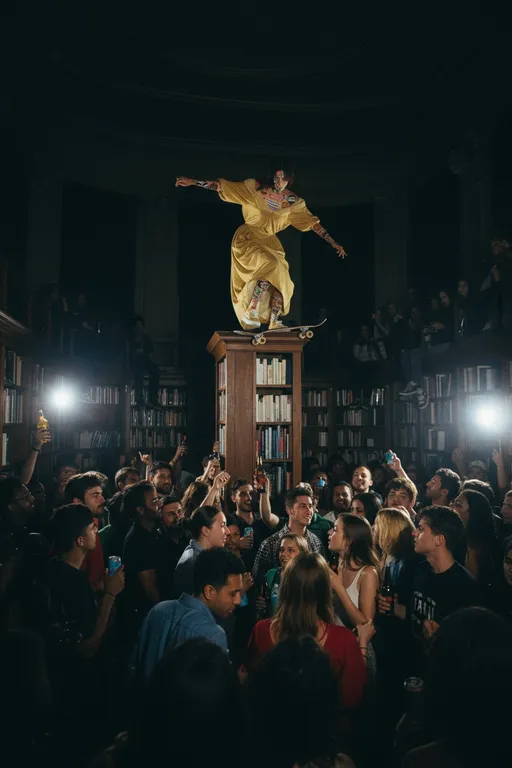 Prompt: This is an editorial full body portrait shot taken with a Hasselblad CFV 100C low angle 85mm f/5.6. from left to right. The photo has grain and features a crowded in a library ,with dimly lit party scene with diverse, young adults. Central focus is on a woman on top of a tall bookshelf inside a classical library. sHe is doing a kickflip skate trick.

The crowd is tightly packed, with various ethnicity and styles, some of them have  liquor bottles and energy drinks , creating a sense of chaos and energy. The lighting is low, with harsh flash capturing her and some of them are in top of bookshelf either. It was shot at night against almost black background where you can see some people. The photograph captures a moment of intense, social interaction and movement in a lively party atmosphere.