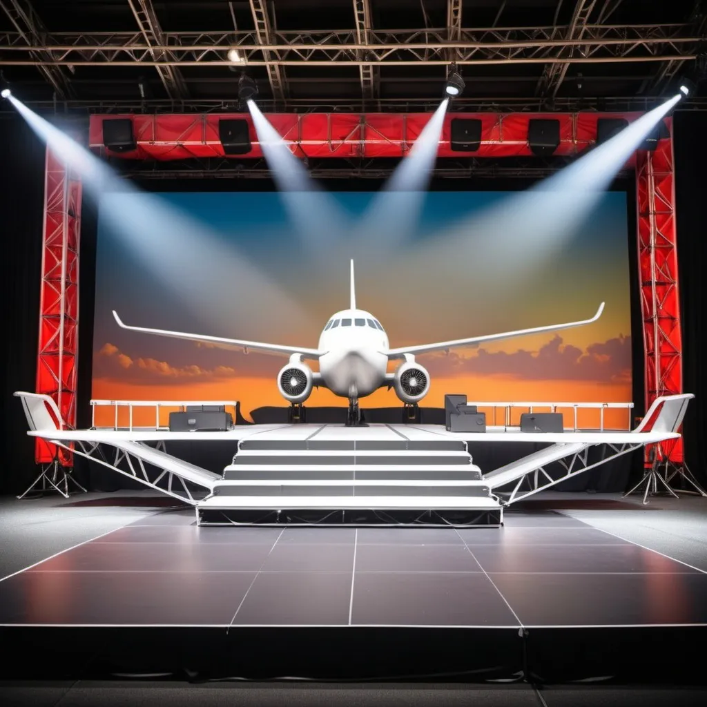 Prompt: create an event stage with theatrical seating based on the theme of airplane runway
