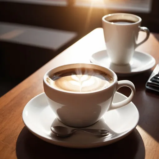 Prompt: A cup of coffe, white cup, brown table, sunlight, sharp, 8k