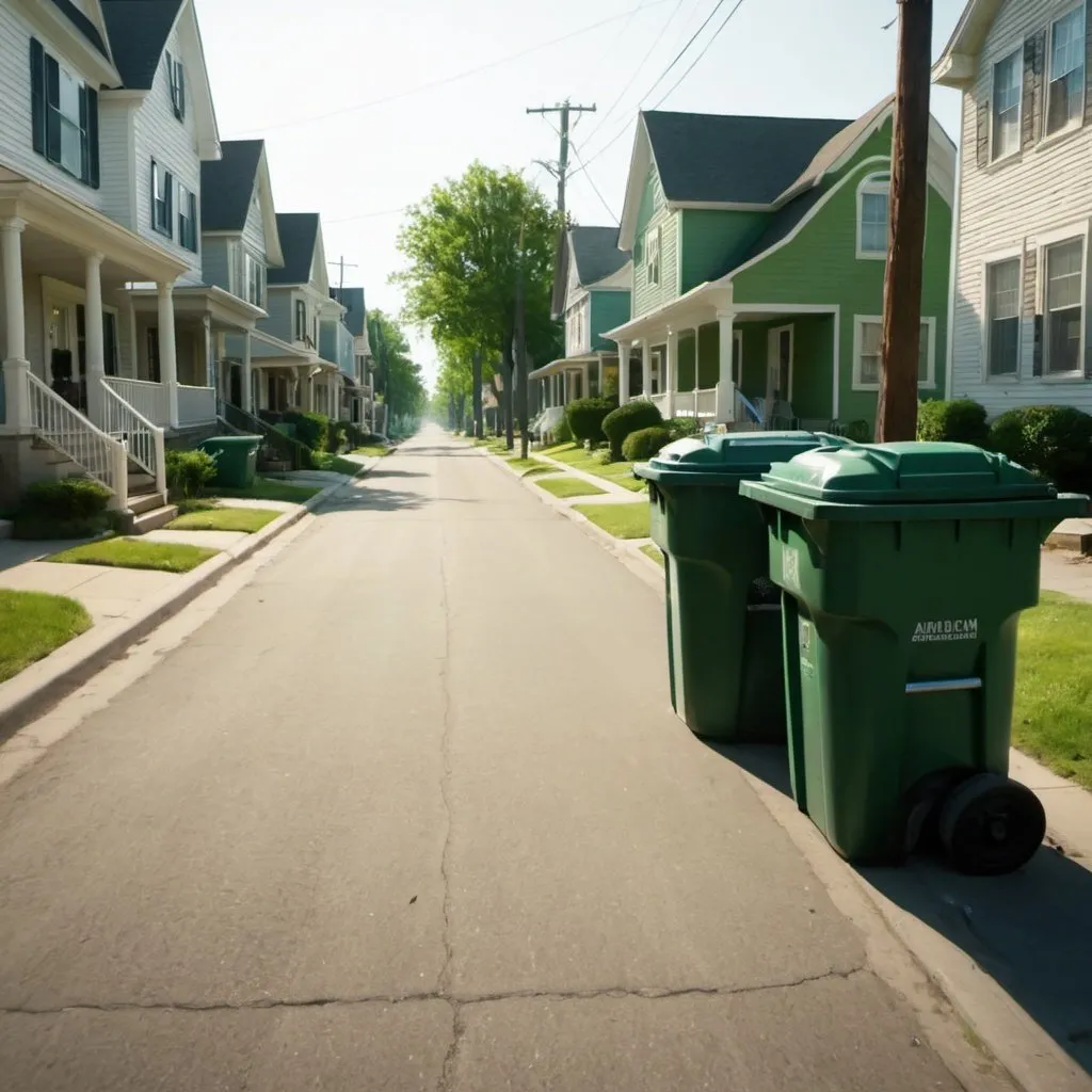 Prompt: Trash garbage, green, sunlight, a clean street, american woodly sweet houses on both sides of the street, sharp, 8k