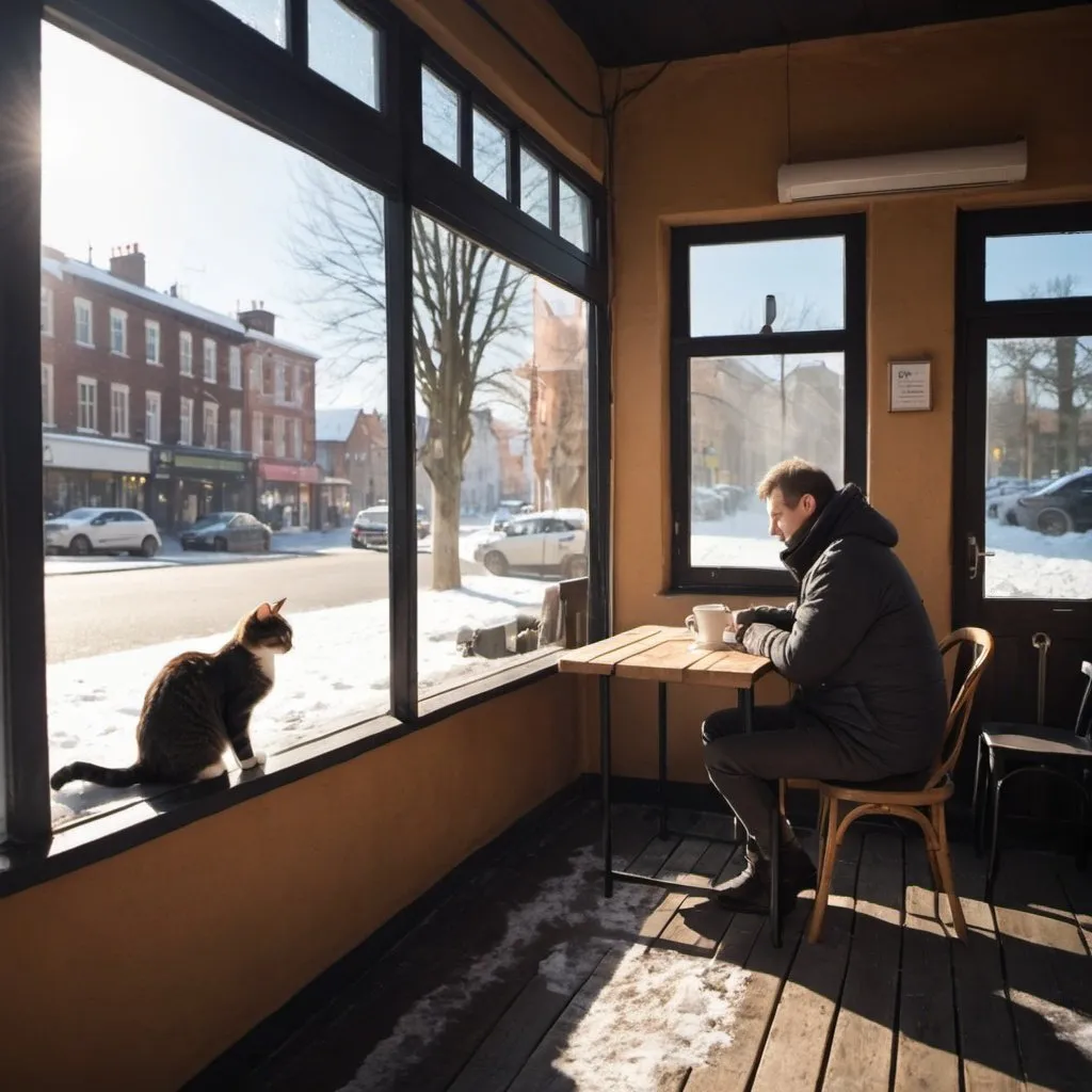 Prompt: a man setting in a coffee shop out door winter sunny weather along with cat on his table 
