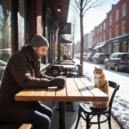 Prompt: a man setting in a coffee shop out door winter sunny weather along with cat on his table 
