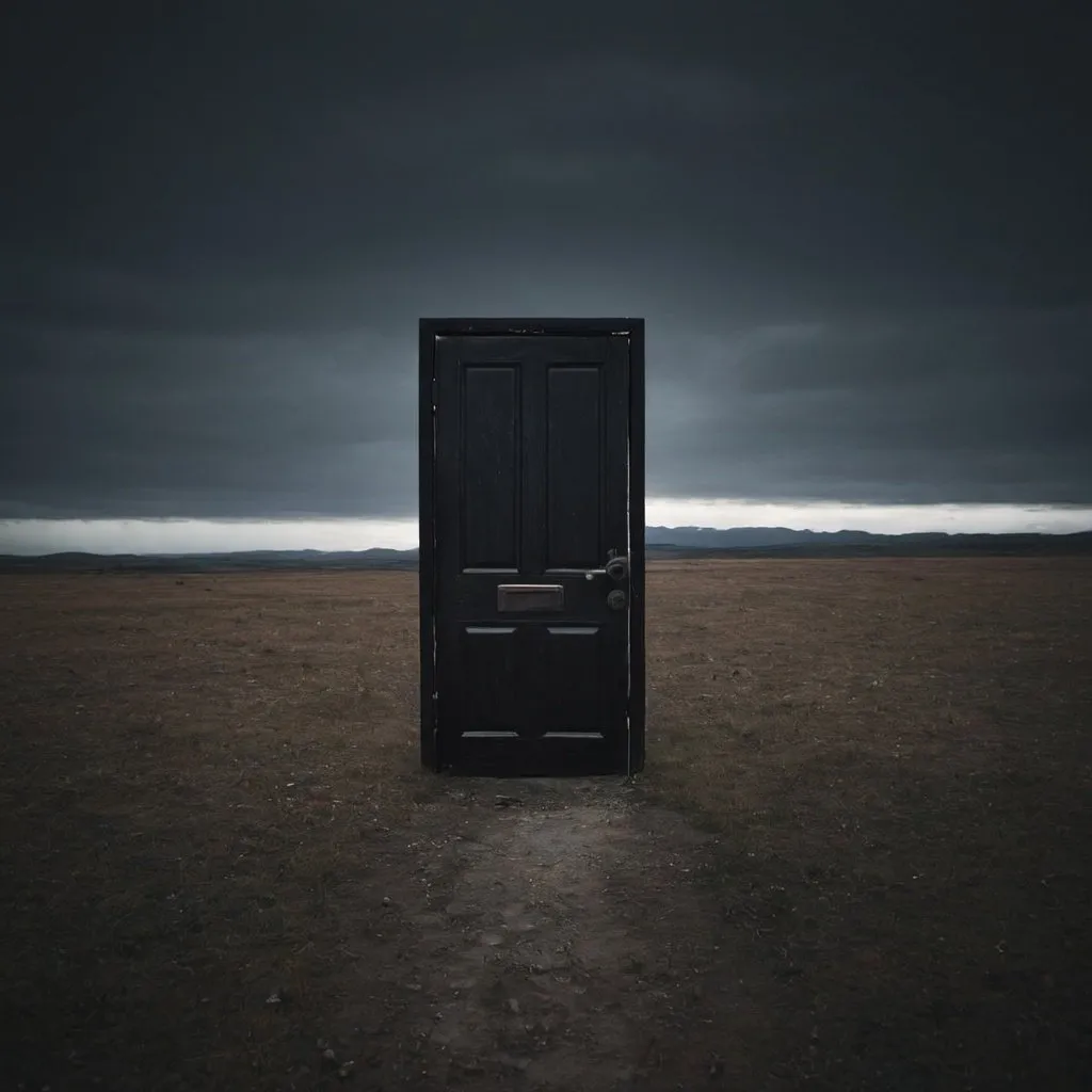 Prompt: a dark door in the middle of nowhere