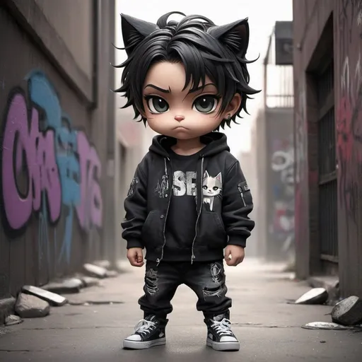 Prompt: masterpiece),(best quality),(ultra-detailed), (full body:1.2),chibi,incredible artwork, boy, portrait, close-up, fierce expression, (realistic style), short hair, detailed features, dramatic lighting, intense gaze, (urban environment), textured background, atmospheric perspective, (graffiti art), high quality, powerful imagery, monochromatic color scheme, smoky ambiance, (streetwear fashion) cat black con trenzas en el pelo 