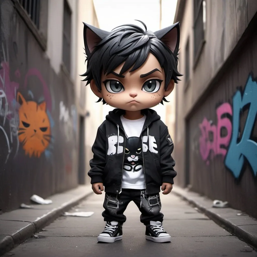 Prompt: masterpiece),(best quality),(ultra-detailed), (full body:1.2),chibi,incredible artwork, boy, portrait, close-up, fierce expression, (realistic style), short hair, detailed features, dramatic lighting, intense gaze, (urban environment), textured background, atmospheric perspective, (graffiti art), high quality, powerful imagery, monochromatic color scheme, smoky ambiance, (streetwear fashion) cat black con trenzas en el pelo 