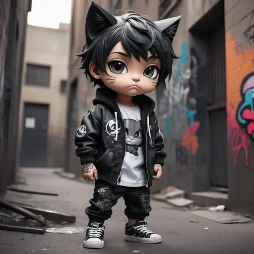 Prompt: masterpiece),(best quality),(ultra-detailed), (full body:1.2),chibi,incredible artwork, boy, portrait, close-up, fierce expression, (realistic style), short hair, detailed features, dramatic lighting, intense gaze, (urban environment), textured background, atmospheric perspective, (graffiti art), high quality, powerful imagery, monochromatic color scheme, smoky ambiance, (streetwear fashion) cat black con trenzas en el pelo 