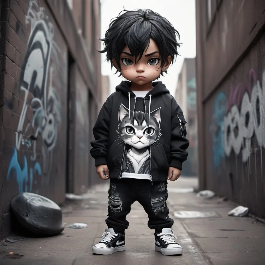 Prompt: masterpiece),(best quality),(ultra-detailed), (full body:1.2),chibi,incredible artwork, boy, portrait, close-up, fierce expression, (realistic style), short hair, detailed features, dramatic lighting, intense gaze, (urban environment), textured background, atmospheric perspective, (graffiti art), high quality, powerful imagery, monochromatic color scheme, smoky ambiance, (streetwear fashion) cat black con trenzas en el pelo 