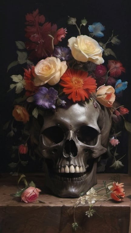 Prompt: Dark florals with a human skull, oil painting, chiaroscurro