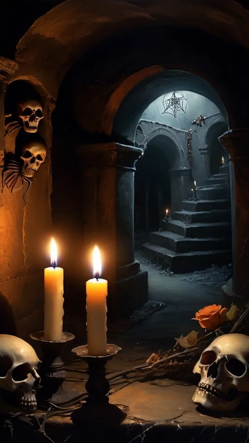 Prompt: Oil painting of candlelit catacombs, dark florals, bones, spiderwebs, eerie atmosphere, high quality, detailed, moody, dark tones, gothic, atmospheric lighting, haunting, macabre, old-world, detailed textures, somber, warm candle glow, mysterious, ominous, haunting ambiance