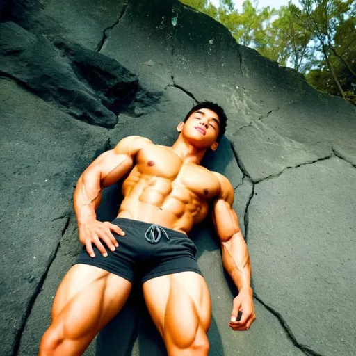 Prompt: Beautiful man no tshirt ,outdoors Asian muscular buff hunk