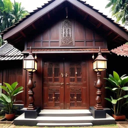 Prompt: Rumah tradisional Jawa Barat, (4 tingkat), gabungan kayu dan batu bata, (warna kayu dominan) dengan (lampu kristal) mengagumkan, pintu tinggi, dipenuhi barang-barang tradisional, (lingkungan hijau), dikelilingi oleh kebun pinus, pemandangan yang damai, lembut, (HD), suasana yang hangat dan ramah.