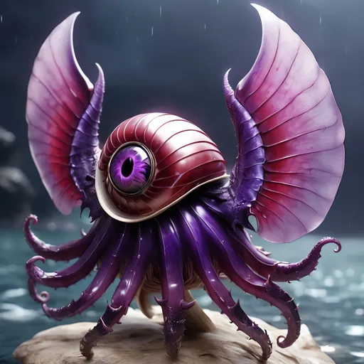 Prompt: Nautilus with a dark purple-red shell with a single purple eye and purple tentacles and covered in blades with blade wings, Masterpiece, Best Quality