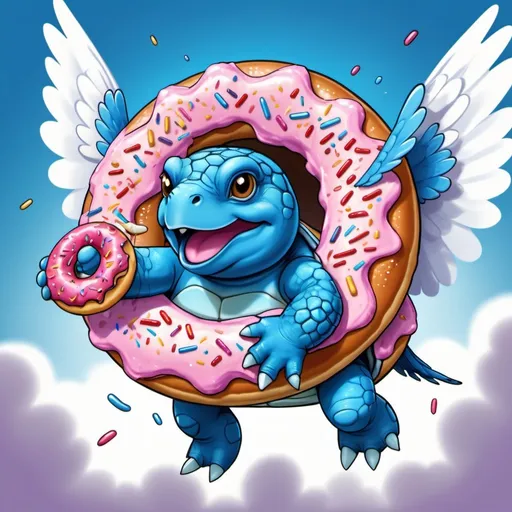 Prompt: A vivid blue turtle with super fluffy super wavey super curly white tail and wings fluttering from their head as they bite down on a giant donut, in card art style