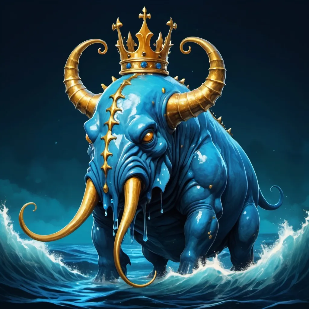 Prompt: A behemoth made of vivid blue water with fin ears and a small golden crown and dripping with blue slime, background night ocean, in medieval art style