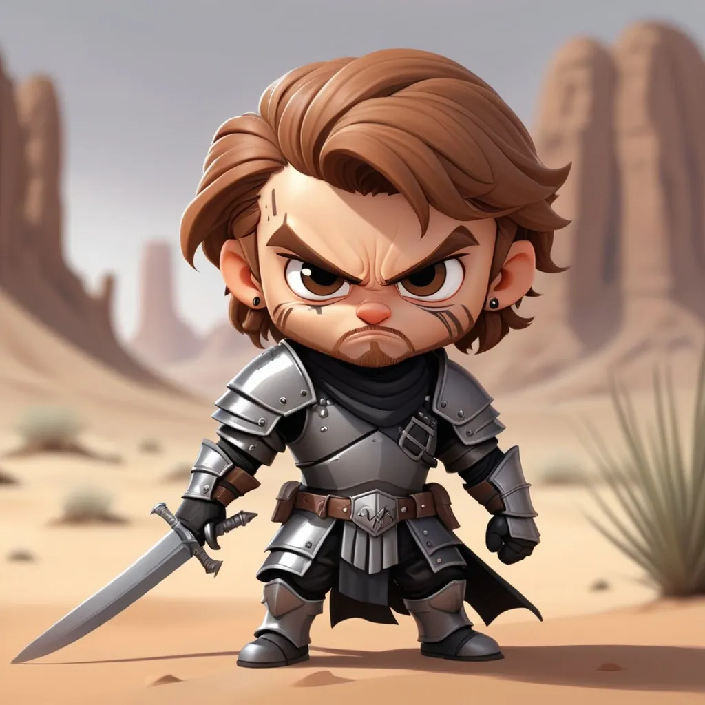 Prompt: Slicer of the Ungodly is a redguard male with medium light-brown hair dressed in grey brown and black bandit armor with curved swords, background desert, in chibi art style