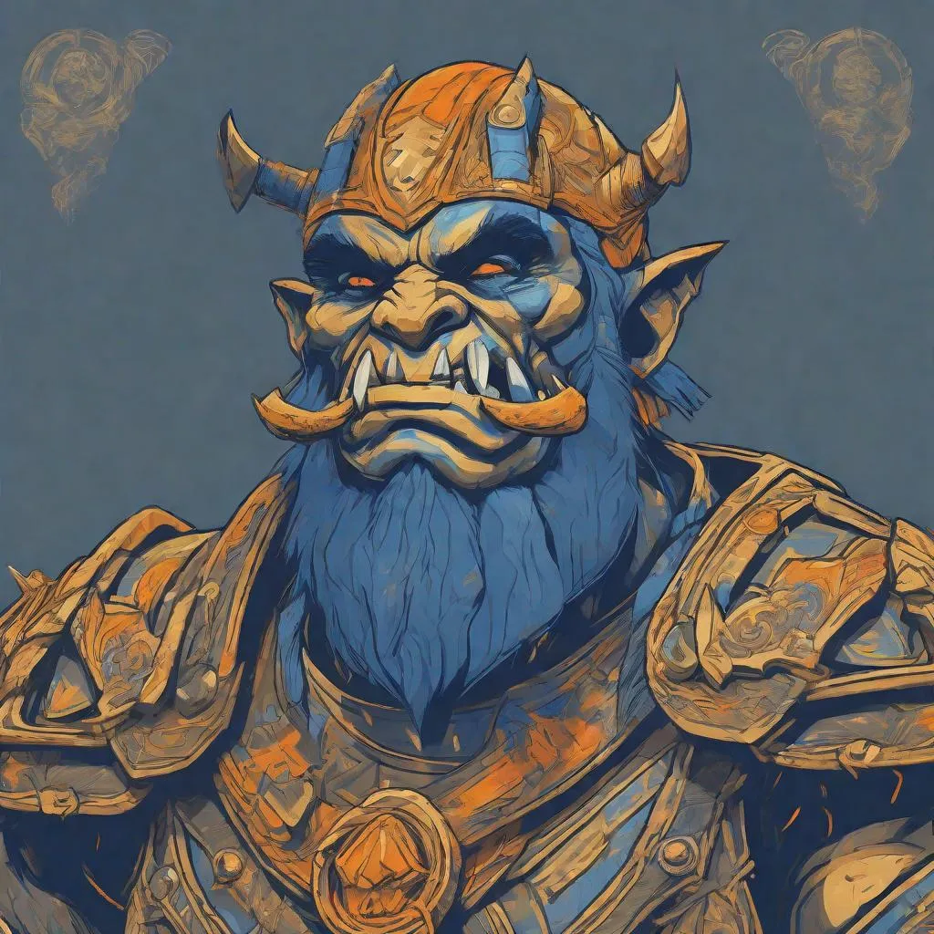 Prompt: Orc, Wearing Training Cloth, detailed and elaborate, in gold blue and orange, masterpiece, best quality, in flat design art style