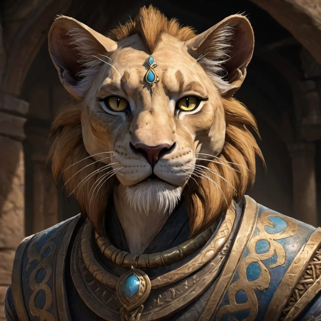 Prompt: Lion is it a Khajiit? Not all cats in Elsweyr are Khajiit, but more cats are Khajiit than you might expect in alebrije painting art style