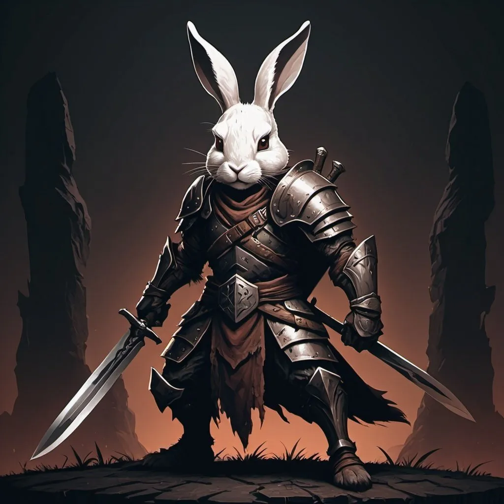 Prompt: Dolorblade Warrior in rabbit dark tone art style with background