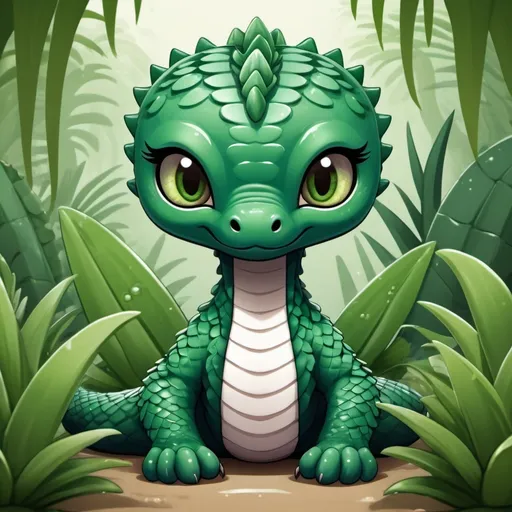 Prompt: cobra with swamp-green scales and white-green under scales and a aloe-leaf frill around it's neck background jungle in chibi art style