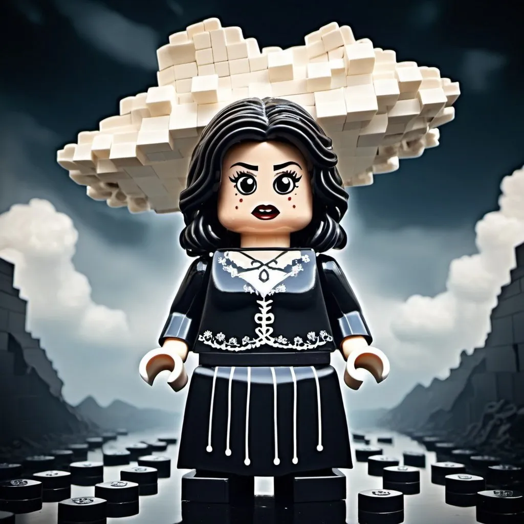 Prompt: Ines Maiden of the Clouds in horror lego  art style