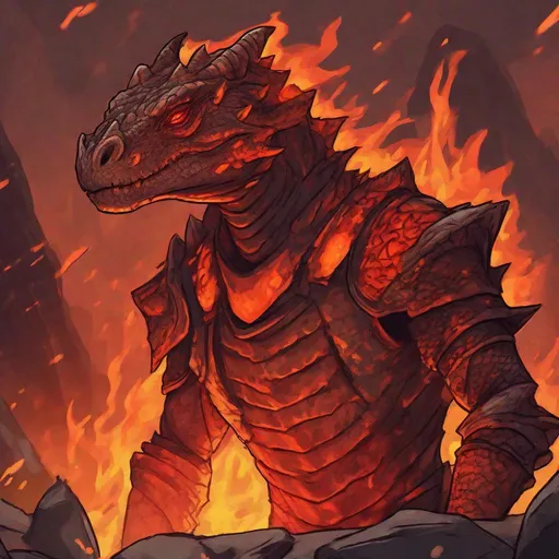 Prompt: Argonian covered in red and orange flames, by lava, best quality, masterpiece, in cartoon art style