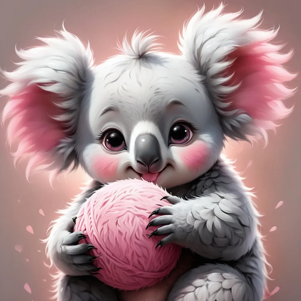 Prompt: Fluffy cute ball of a koala all super fluff gray and pink and adorable, background outback
