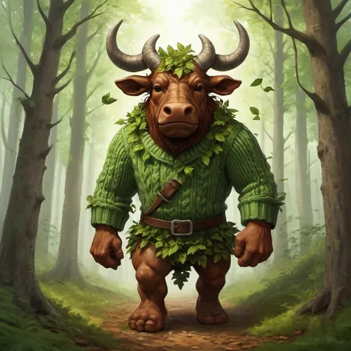 Prompt: 	
Up, up, up goes the forest's energy. There, that ought to do it. The leaves wouldn't stop rustling until I came here... What a pain. Slap on some medicinal herbs next time because I won't be coming to your rescue again... Hehe in knitted minotaur art style