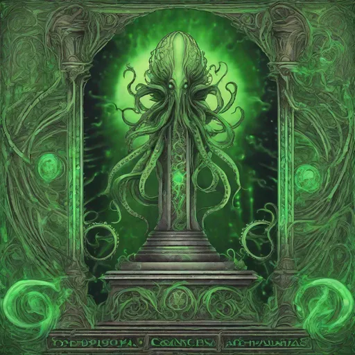 Prompt: Apocrypha Pedestal glowing green with tentacles, In Tarot Card Art Style, best quality, masterpiece