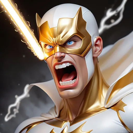 Prompt: Super hero White-Liner, Fires a white beam from its central mouth, white and gold and glowing, best quality, masterpiece