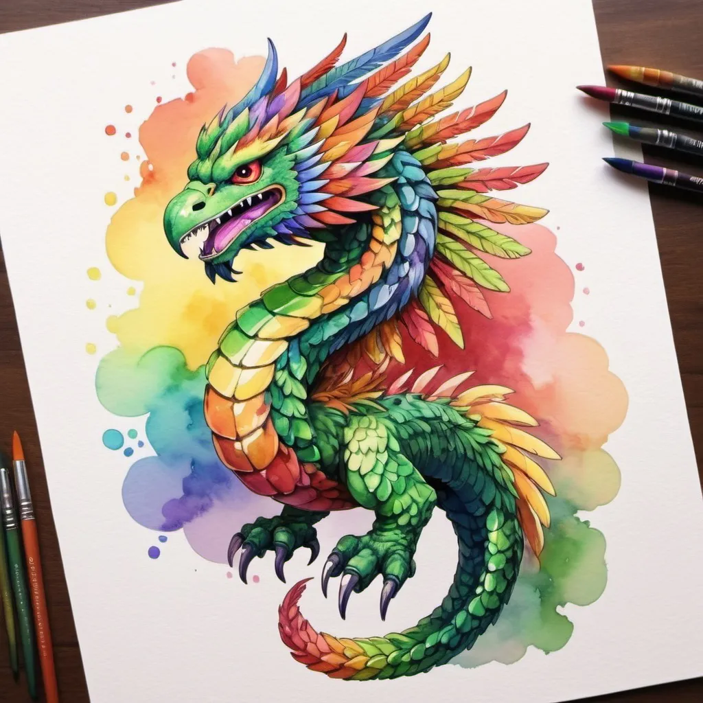 Prompt: Quetzalcoatl in rainbow colors, in watercolor anime art style
