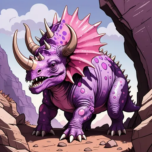 Prompt: A purple venomous triceratops with horns and spikes and light-violet covered in pink spots using it's mighty horn to drill through a cliff, in card art style