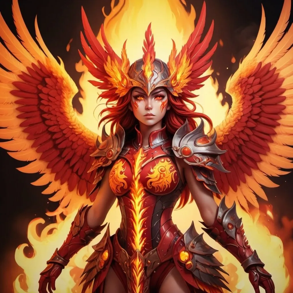 Prompt: Phoenix monster girl with three sets of wings vivid red feathers with yellow and orange flame patterns and a sharp helm with flames rising from it wearing red armor with fire and smoke all around it in fantasy cartoon art style