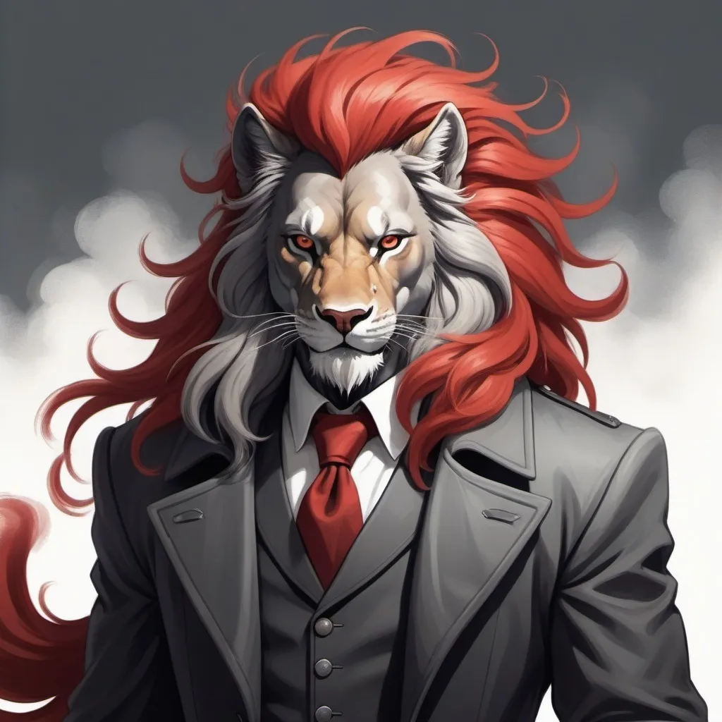 Prompt: energetic and deceptive. His coat is charcoal-colored. He has a mane that is red and like a drifting cloud in western illustration art style

