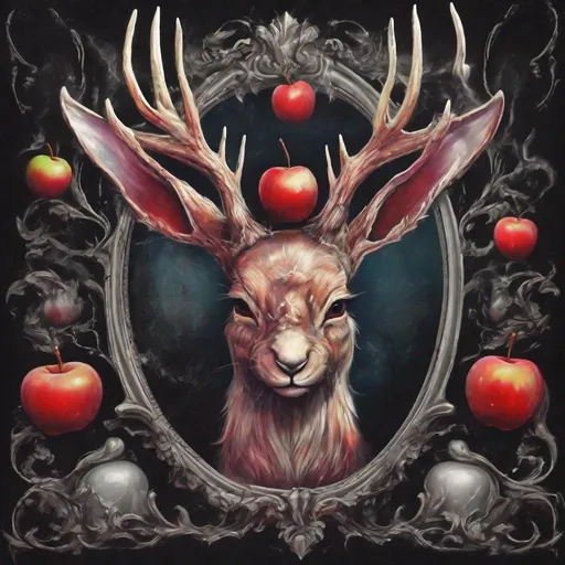 Prompt: Evil Queen Jackalope, poison apples and magic mirrors, masterpiece, best quality, in spray paint art style