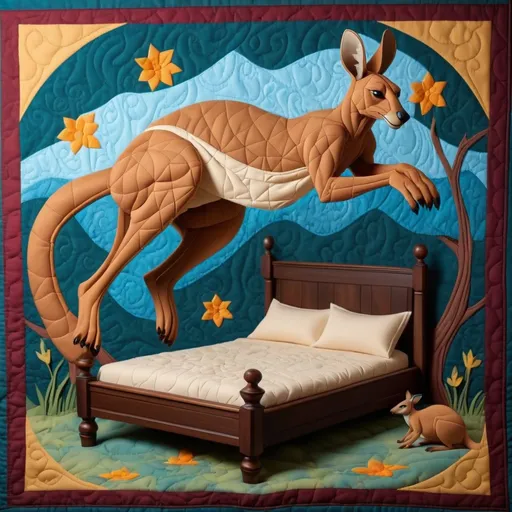 Prompt: Alinor Bed Levitating in the air with a kangaroo bouncing on it, in paper quilting art style