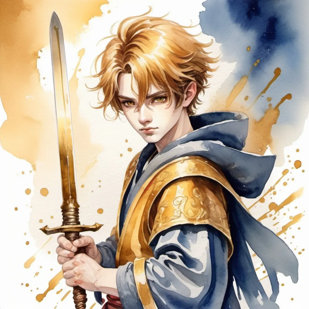 Prompt: Apprentice Swordmage in watercolor painting golden art style