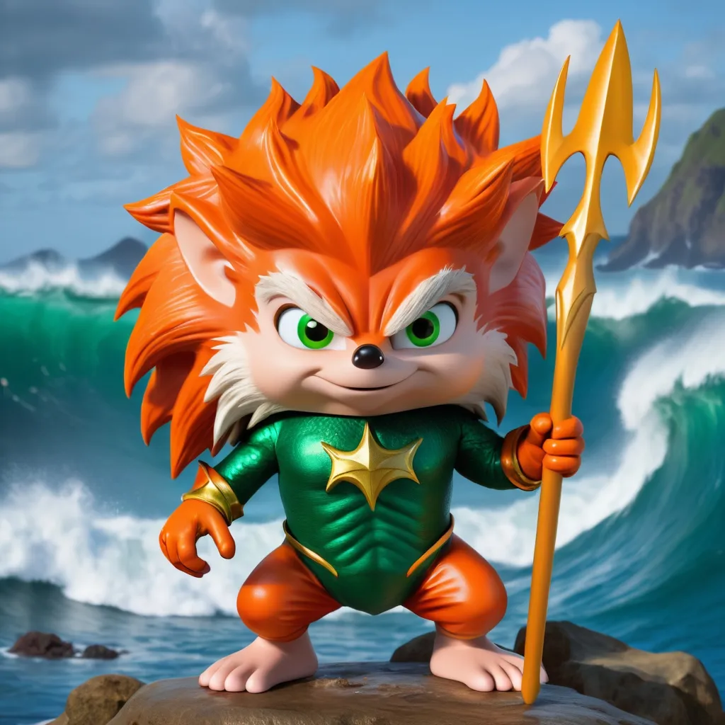 Prompt: Aquaman the Hedgehog scaled orange and green costume with a trident, background big waves
