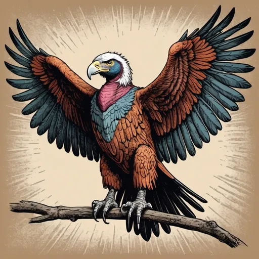 Prompt: Primevulture in color engraving art style
