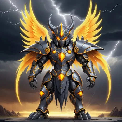 Prompt: Djinn covered in dark gray fur mixed with dark gray mecha armor with silver wing blades and horn-helm and claws with a vivid orange-yellow mane and glowing yellow eyes with markings below background thunderstorm in fairy tale art style