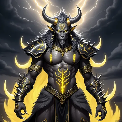 Prompt: Djinn covered in dark gray fur with glowing yellow tattoos and clad in black platted armor with silver horns and golden claws with long curved silver horns blades and spikes rising from it's fur background night thunderstorm in niji art style