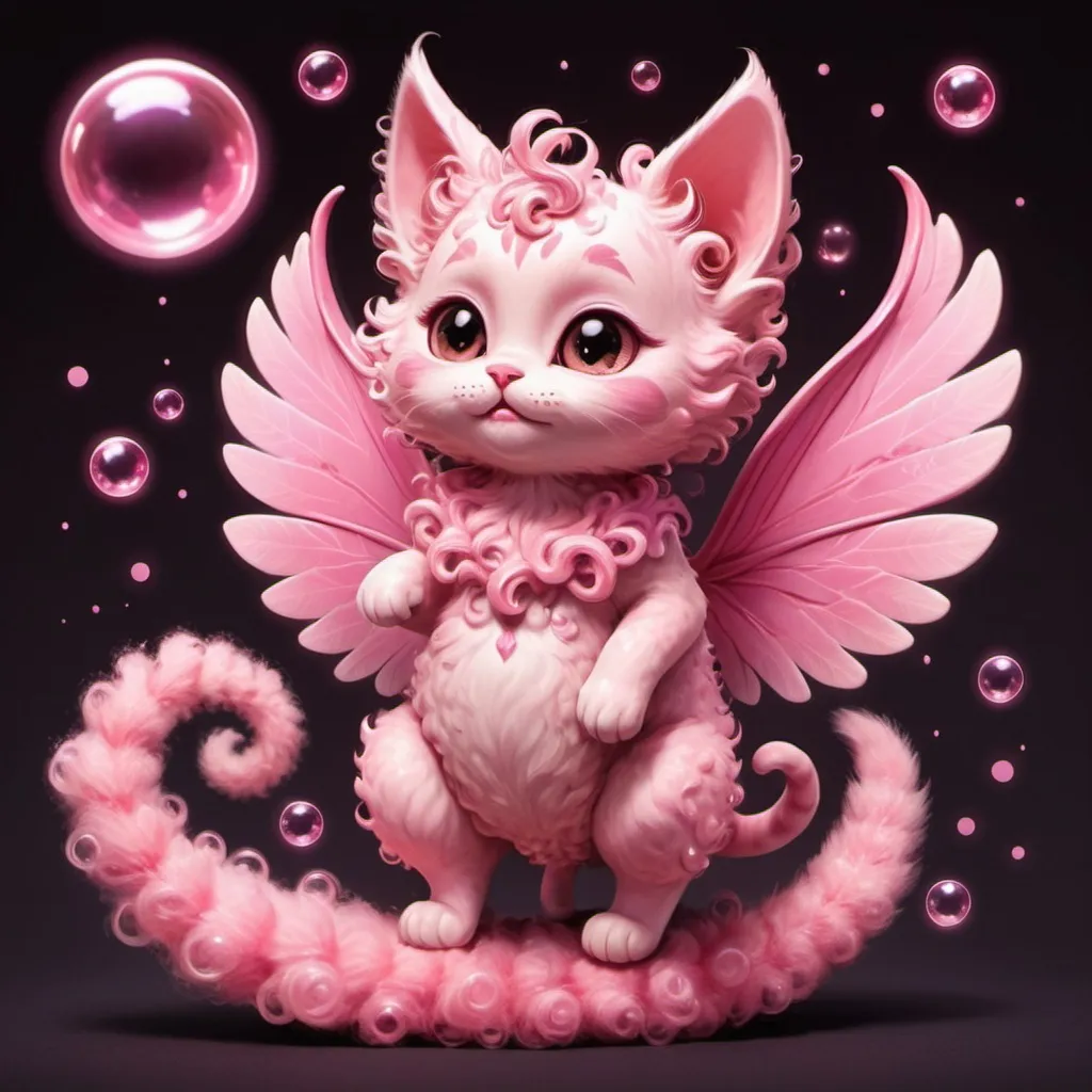 Prompt: A creature covered in pink fur with a super curly pink tail cat-like ears tipped with dark brown markings curly hair short pink fairy wings singing in pink moonlight as bubbles sparks and fire balls float around them, in card art style
