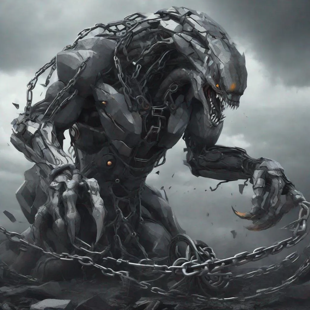 Prompt: broken chain attached to a huge monster, colors are grey and dark grey, In futuristic art style, best quality, masterpiece