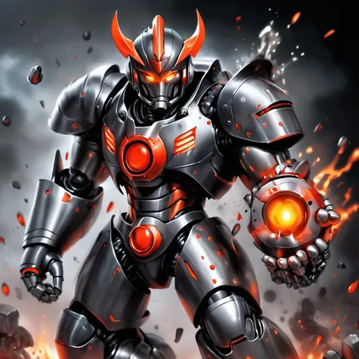 Prompt: Magnet Man who is a robot master, dark grey with orange-red armor a helm with a magnet on it and fires magnets that crush foes, Masterpiece, Best Quality, Nightmare Fuel, horror