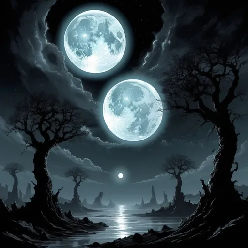 Prompt: The moons in the sky are Aedra divine beings two large bright shinning moons and one darker shadow moon, in  Phyrexian Horror art style