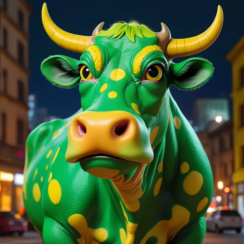 Prompt: Vivid green cow that is reptilian-like with yellow splotch markings, background city at night on fire, masterpiece, best quality