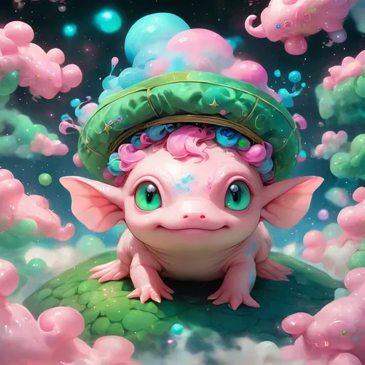 Prompt: Axolotl wrapped in a pastel pink with green and blue cloud with vivid blue eyes and wearing a conductors hat with swirls of pastel color stars and clouds around them