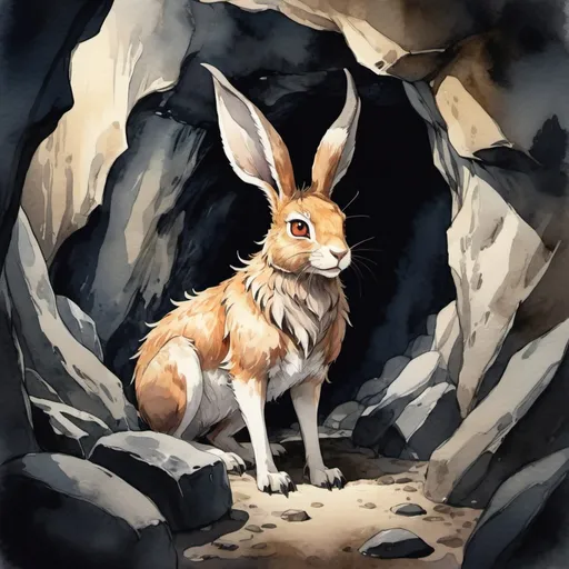 Prompt: Wolpertinger in a deep dark cave, in watercolor anime art style
