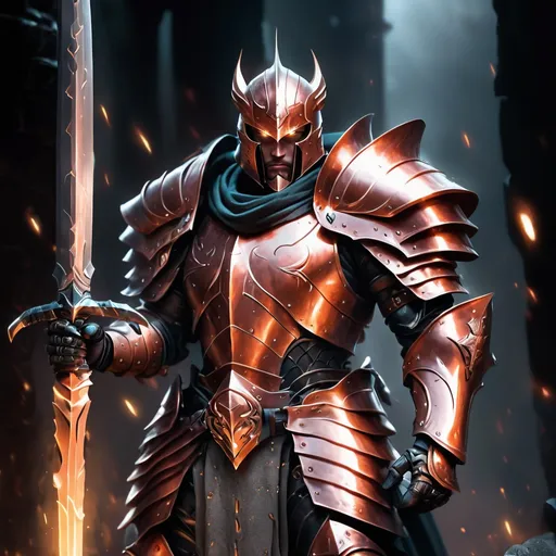 Prompt: Nightblade in copper scaled armor with a copper shortsword held at ready a fierce look in their face lurking in the darkness, best quality, masterpiece