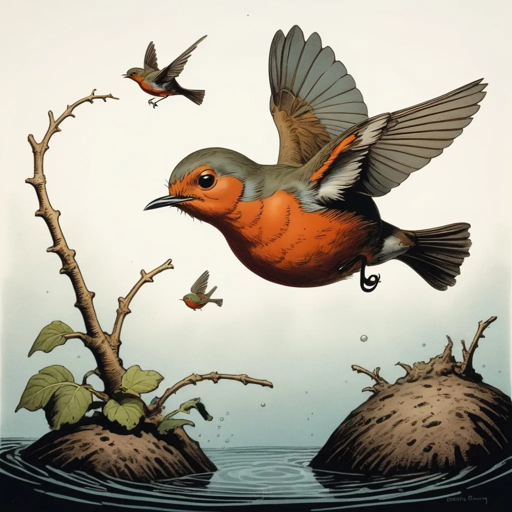 Prompt: Robin diving at a worm only to change direction and crash into another bird, in aquatint art style, masterpiece, best quality