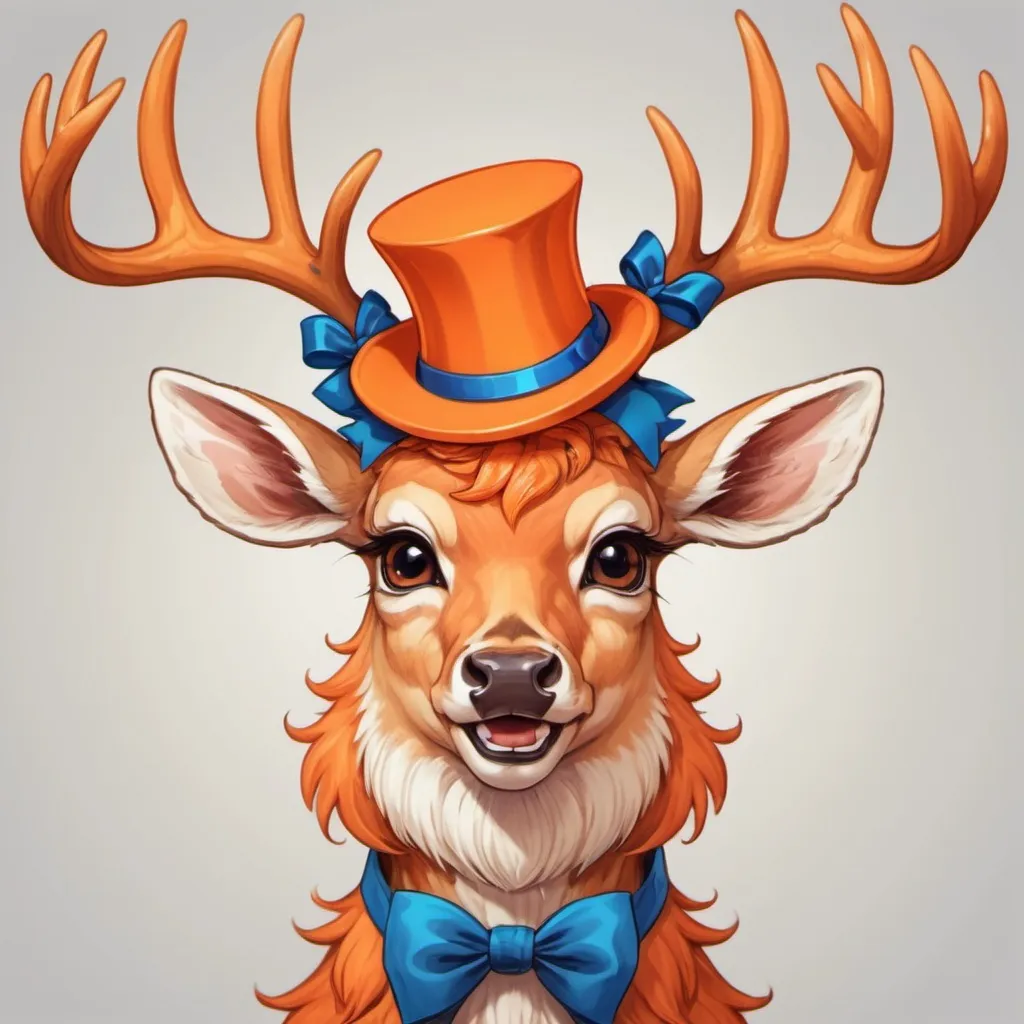 Prompt: deer with vivid orange fur and antlers that end in swirly circles a silly hat on it's head that is orange with a blue bow and tan lips and teeth, in visual novel art style